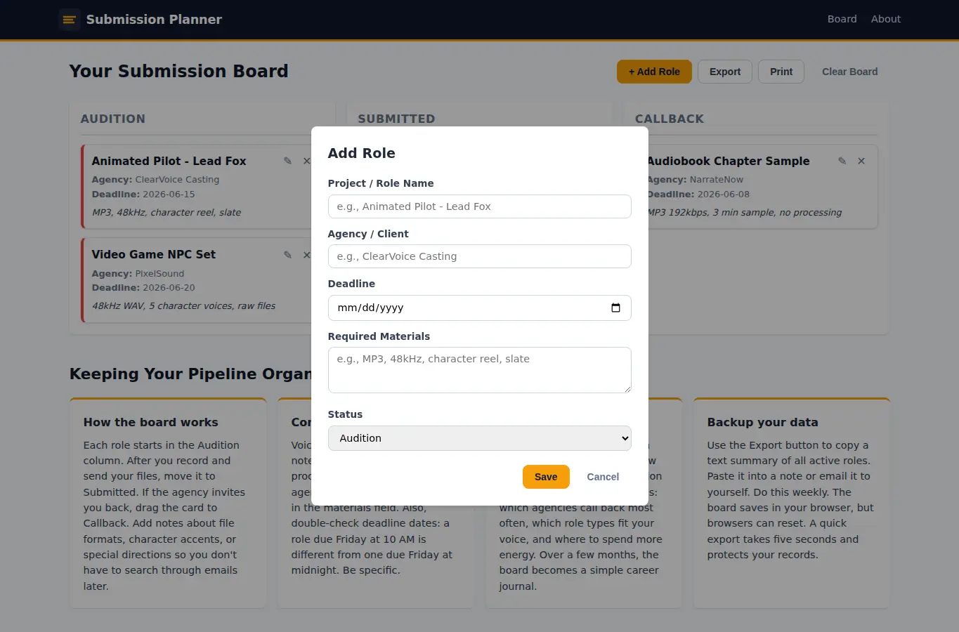 Screenshot of Voice-Over Submission Planner interface showing the project page in use